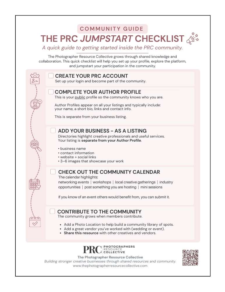 PRC Jumpstart Checklist – quick guide for setting up your Photographer Resource Collective profile and contributing to the community